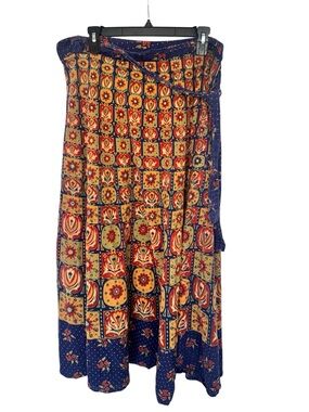 Bohemian Tile-Print Wrap Maxi Skirt in Navy and Mustard